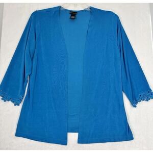 Citiknits Large Cardigan Blue 3/4 Sleeve Embroidered Cuff Womens Open Front
